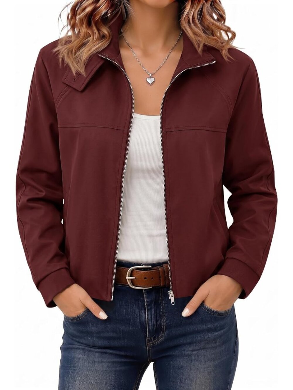 🆕Women’s Wine Red Cropped Zip Up Jacket Funnel Neck Bubble Back Moto Coat